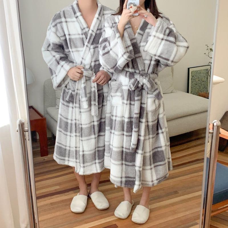 Couple Matching V-Neck Plaid Tie Waist Fleece Pajama Robe Product Image