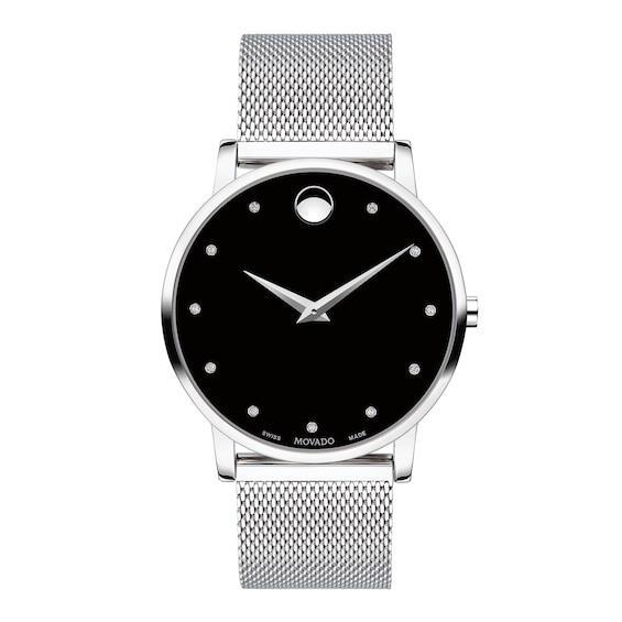 Men's Movado MuseumÂ® Classic Diamond Accent Silver-Tone Mesh Watch with Black Dial (Model: 607511) Product Image