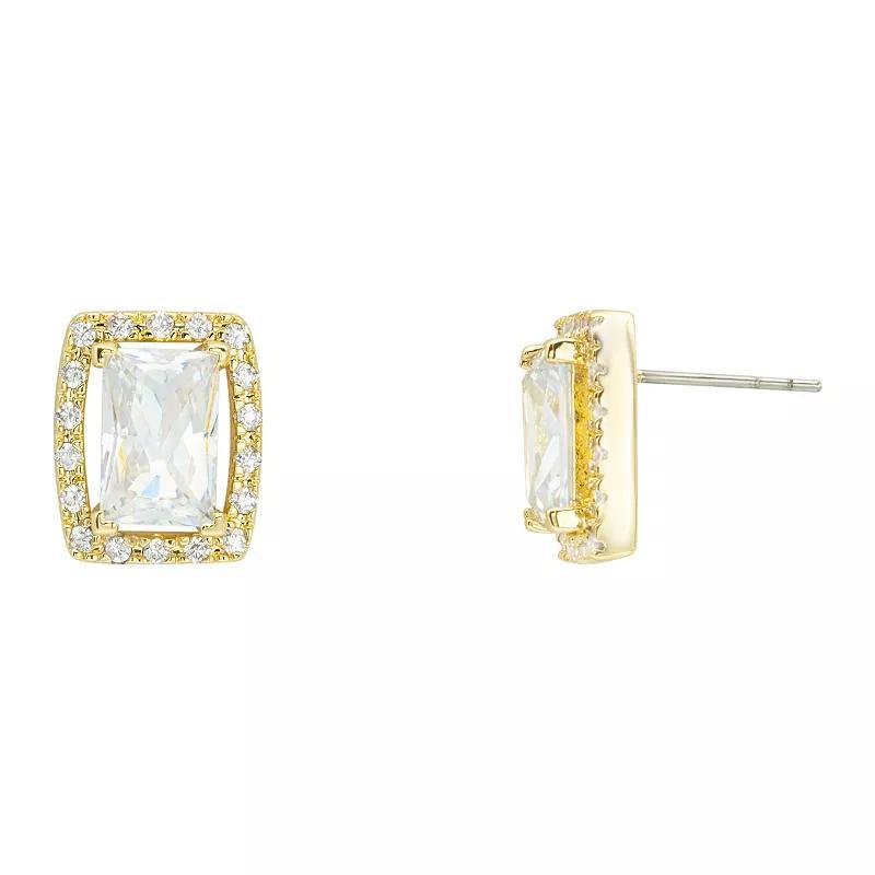 Brilliance Gold Tone Cubic Zirconia & Crystal Emerald Cut Halo Stud Earrings, Womens, Gold Tone Clear Product Image