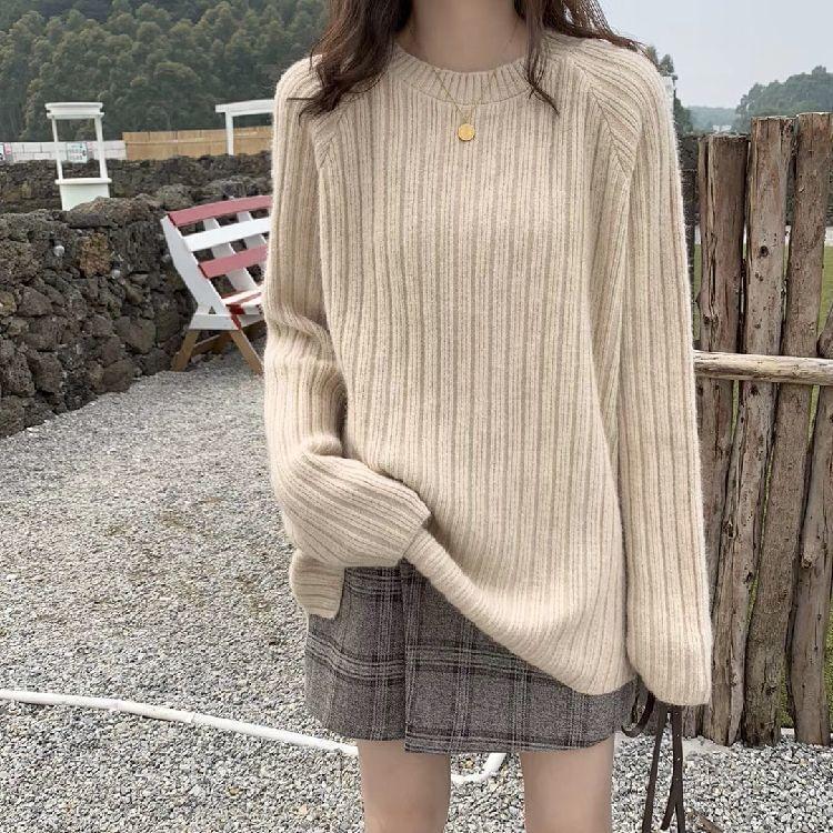 Round Neck Plain Ribbed Sweater Product Image