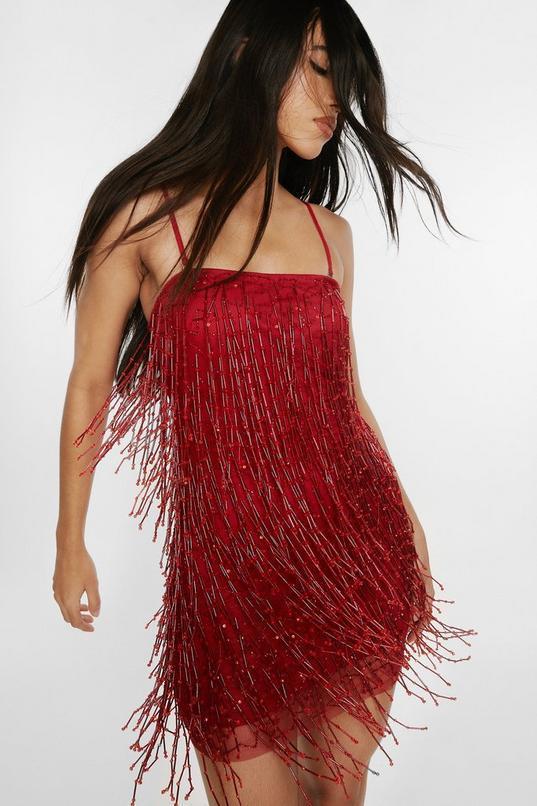 Tassel Beaded Bandeau Mini Dress Product Image