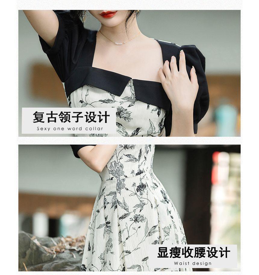 Puff-Sleeve Square-Neck Floral Print Midi A-Line Dress Product Image