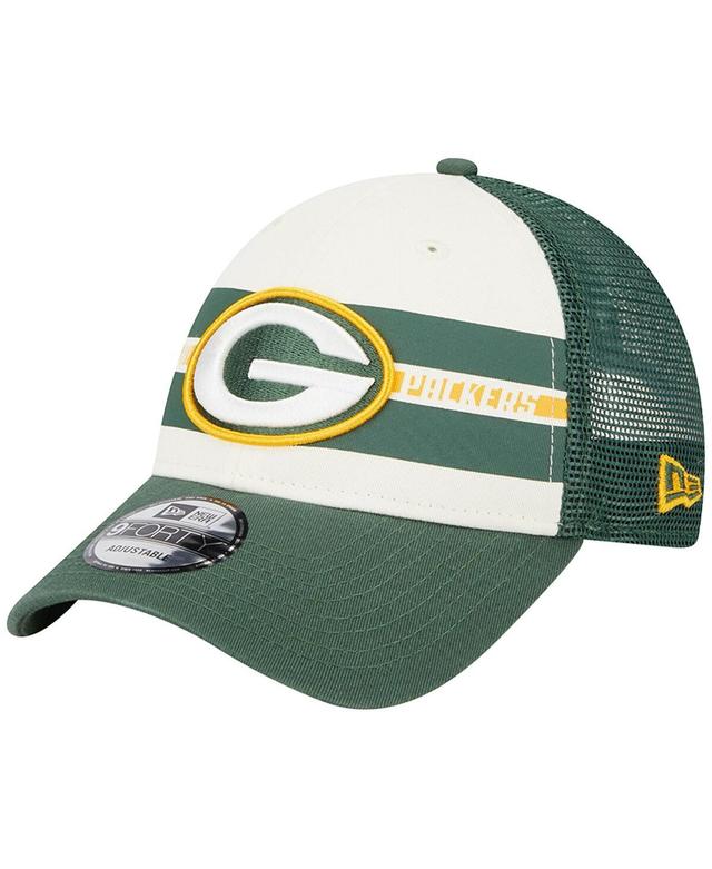 Mens New Era Cream/Green Green Bay Packers Team Stripe Trucker 9FORTY Snapback Hat Product Image