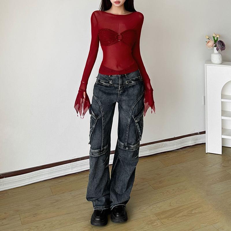 Long Sleeve Boat Neck Plain Panel Mesh Top Product Image