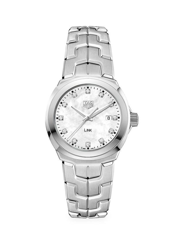 Womens Link 32MM Stainless Steel, White Mother-of-Pearl & Diamond Quartz Bracelet Watch Product Image