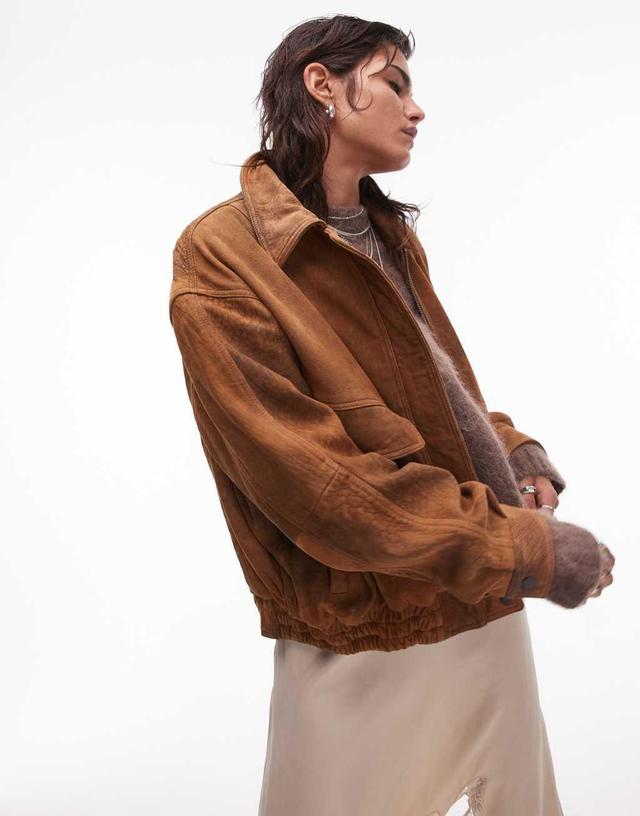 Topshop premium real suede oversized bomber jacket in tan Product Image