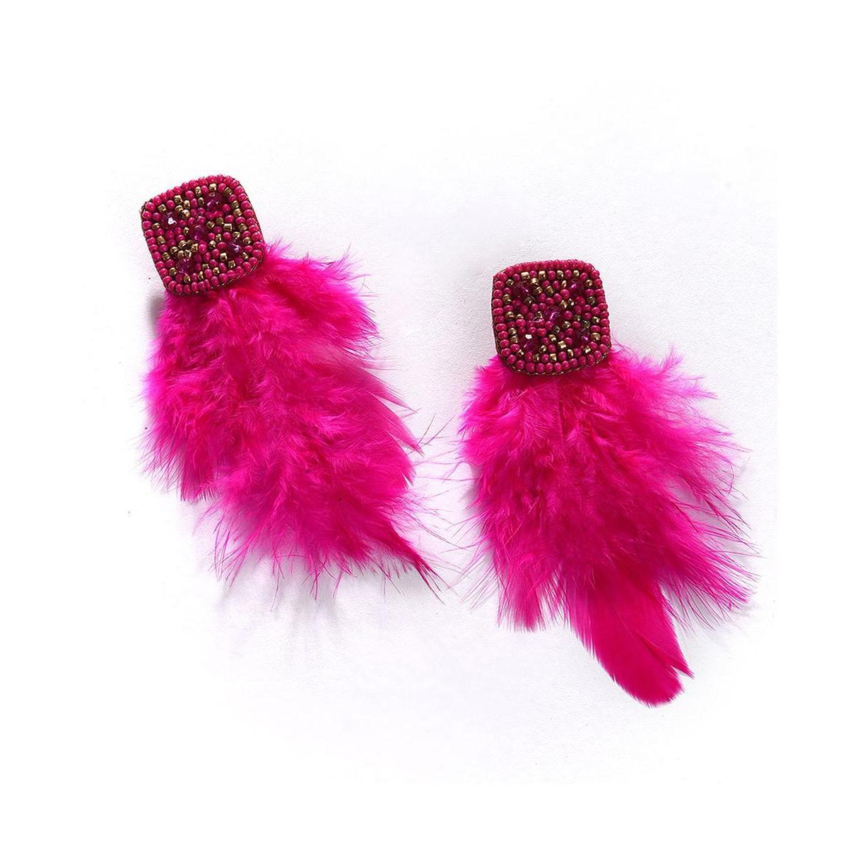 Sohi Womens Pink Beaded Feather Drop Earrings Product Image