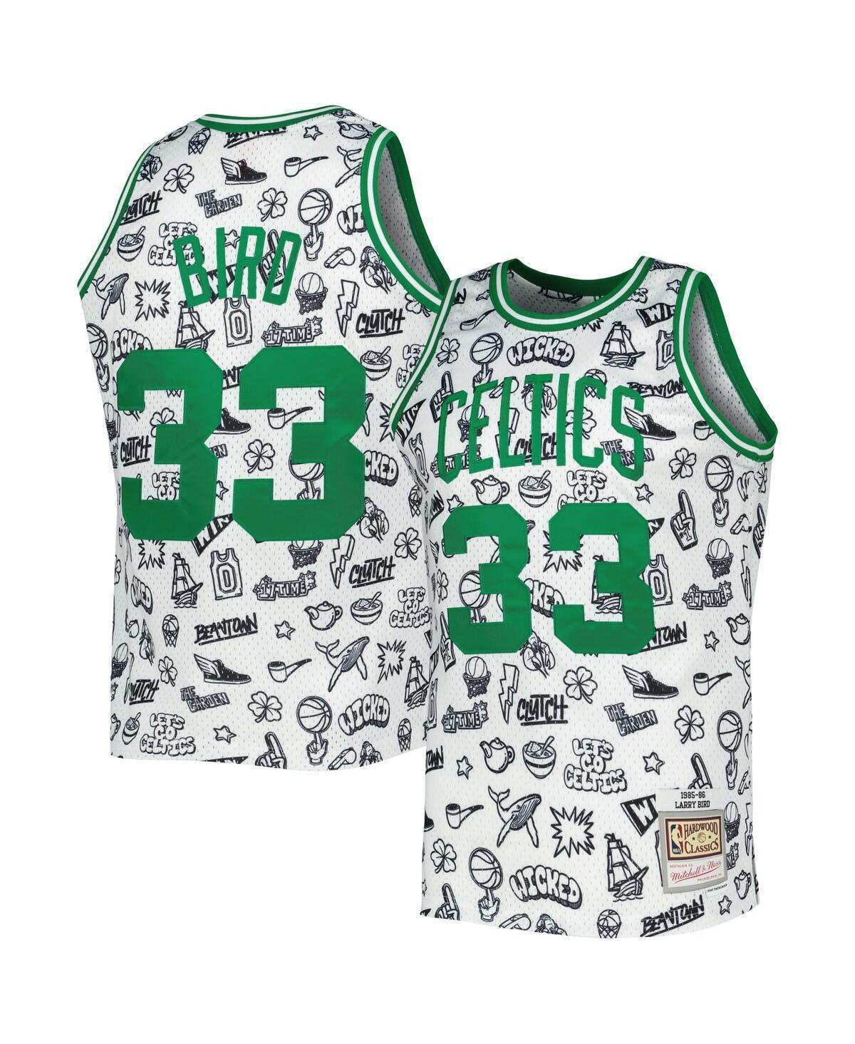 Mens Mitchell & Ness Larry Bird White Boston Celtics 1985-86 Hardwood Classics Doodle Swingman Jersey - White Product Image