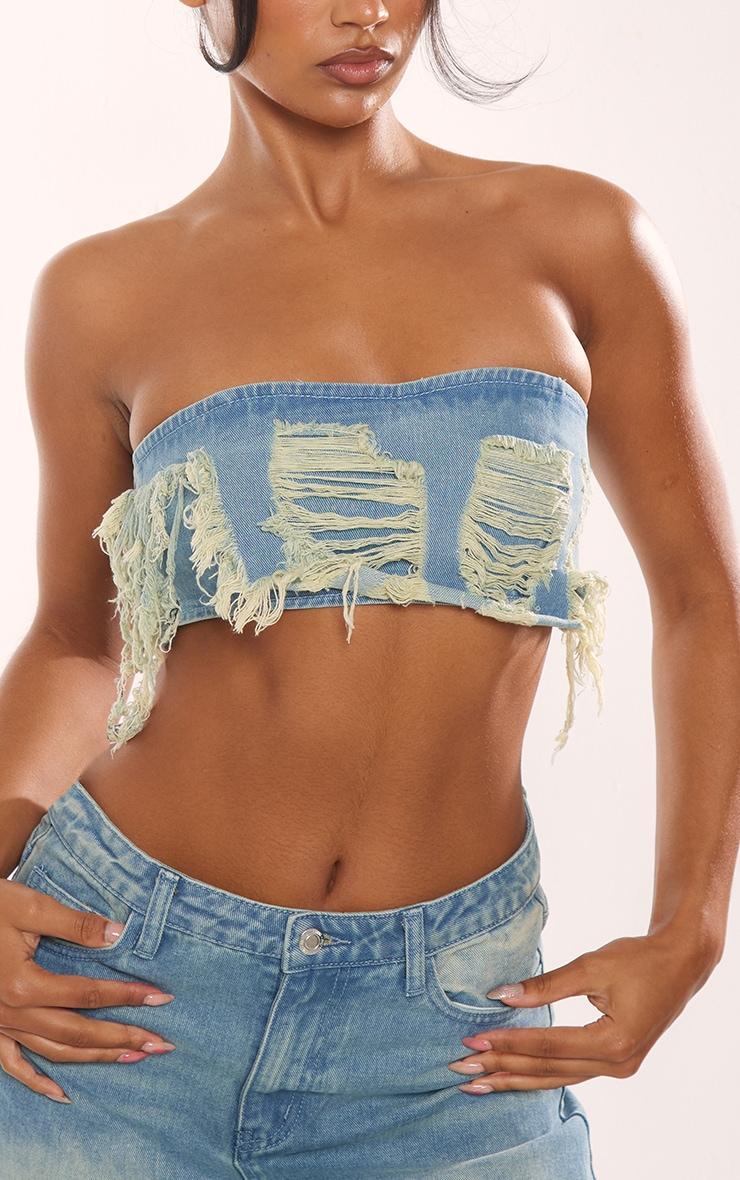 Vintage Mid Wash Distressed Denim Bandeau Top Product Image