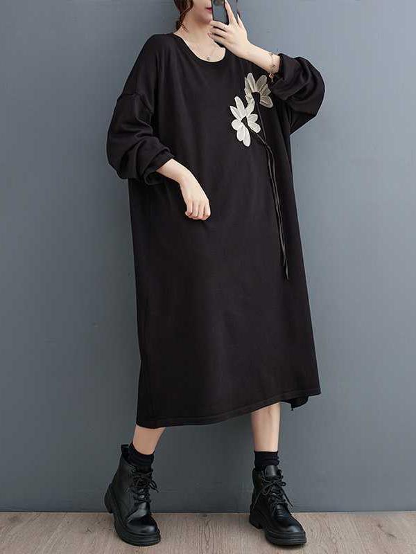 A-Line Long Sleeves Flower Print Keep Warm Round-Neck Midi Dresses Product Image