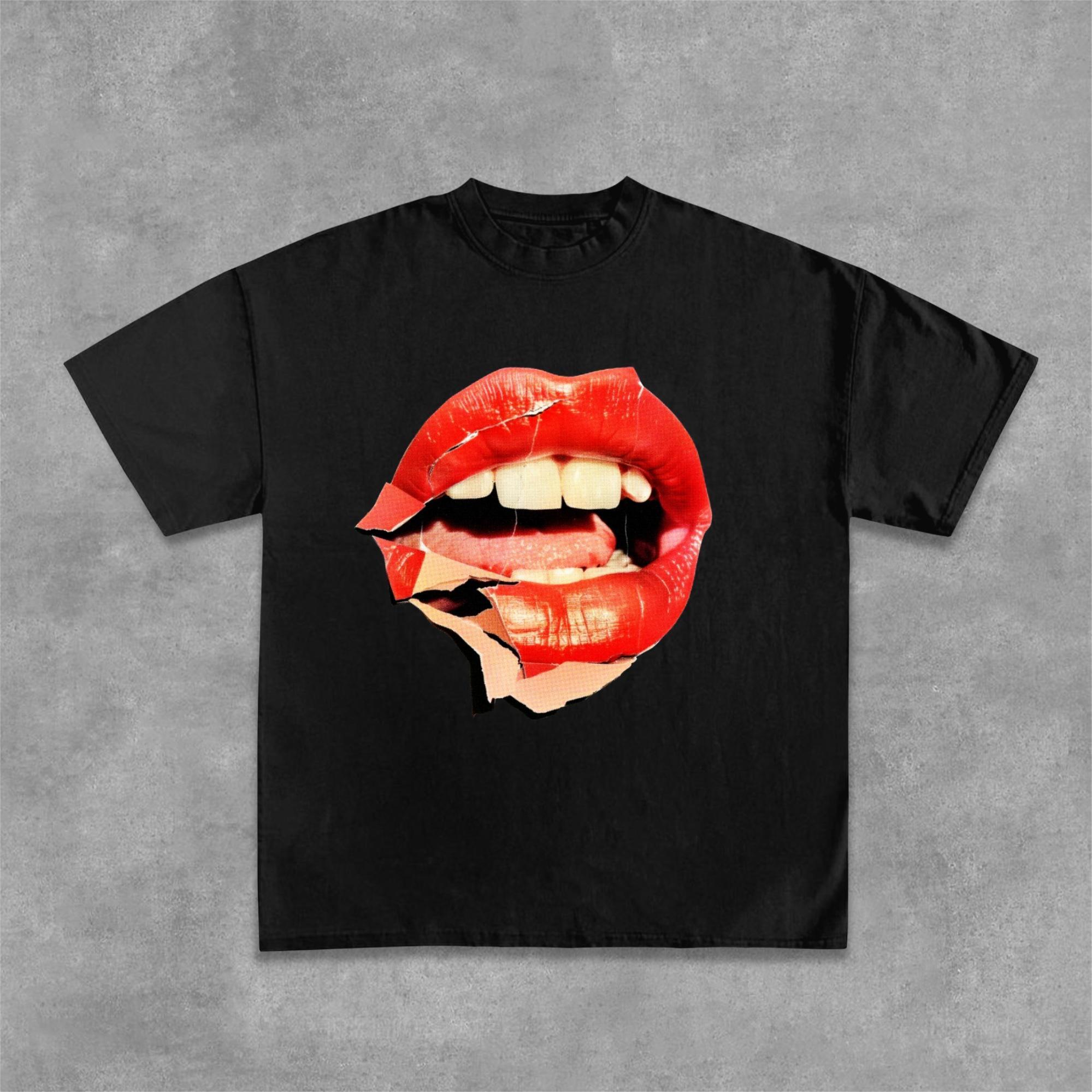 Collage Red Lip Graphic Design Cotton T-Shirt Product Image