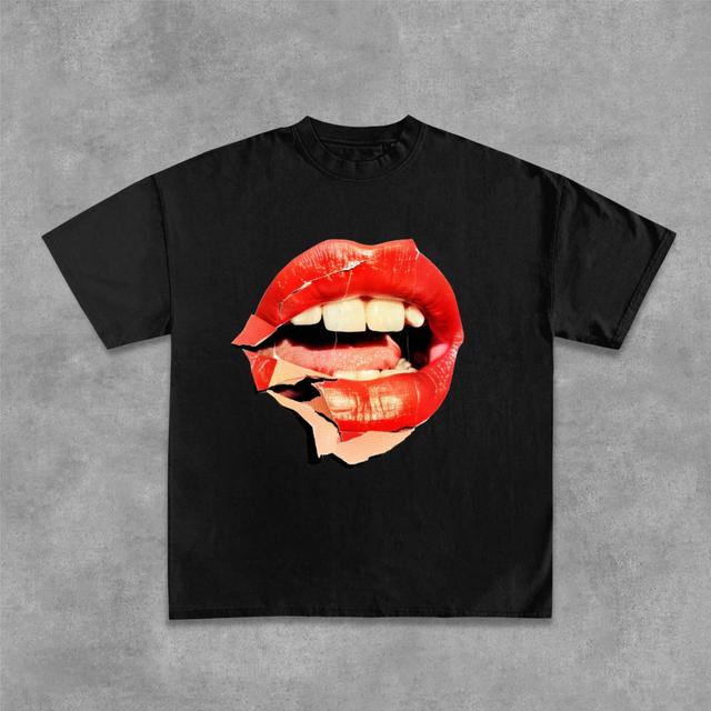 Collage Red Lip Graphic Design Cotton T-Shirt Product Image