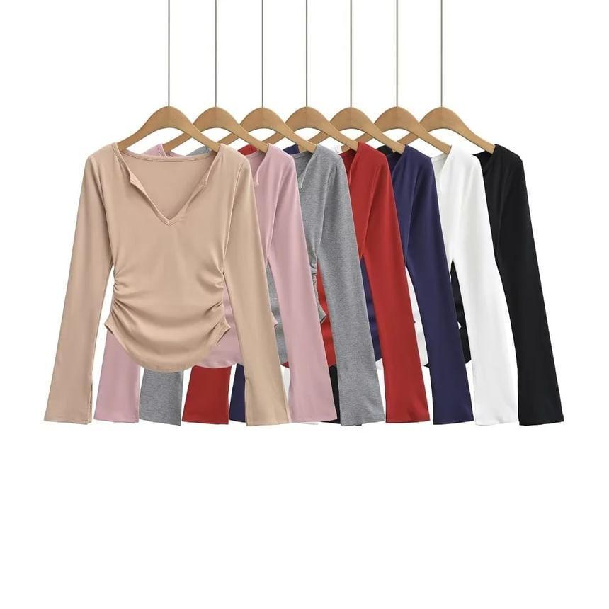 Long-Sleeve V-Neck Plain Crop Top Product Image