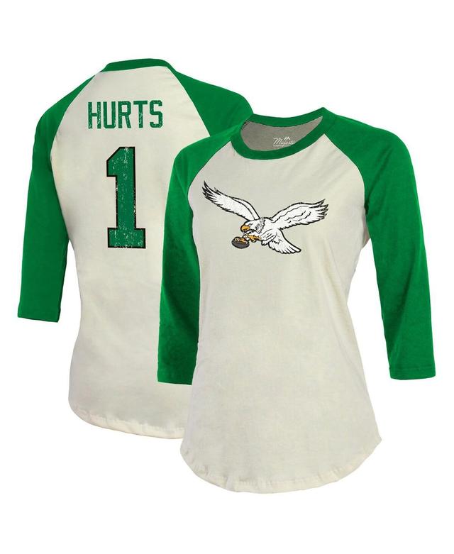 Womens Majestic Threads Jalen Hurts Cream Philadelphia Eagles Alternate Player Name and Number Raglan 3/4-Sleeve T-shirt - Cream, Kelly Product Image