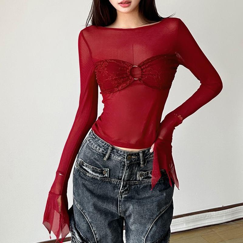 Long Sleeve Boat Neck Plain Panel Mesh Top Product Image