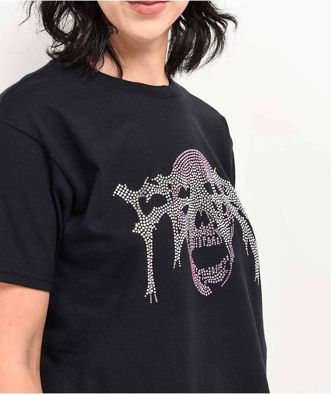 Personal Fears Pink Rhinestone Skull Black Crop T-Shirt Product Image