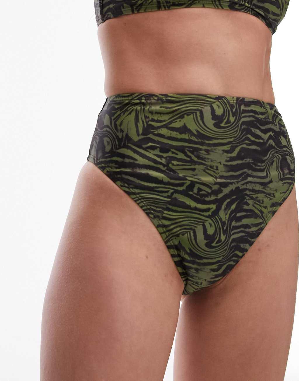 Topshop mix and match high waist high leg bikini bottoms in abstract khaki animal print Product Image