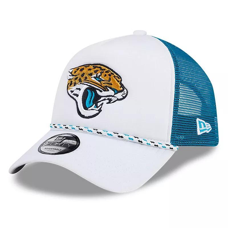 Mens New Era White/Teal Jacksonville Jaguars Court Sport Foam Front A-Frame 9FORTY Adjustable Trucker Hat Product Image