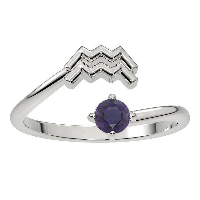 Sterling Silver Amethyst Aquarius Zodiac Sign Bypass Ring, Womens Purple Product Image