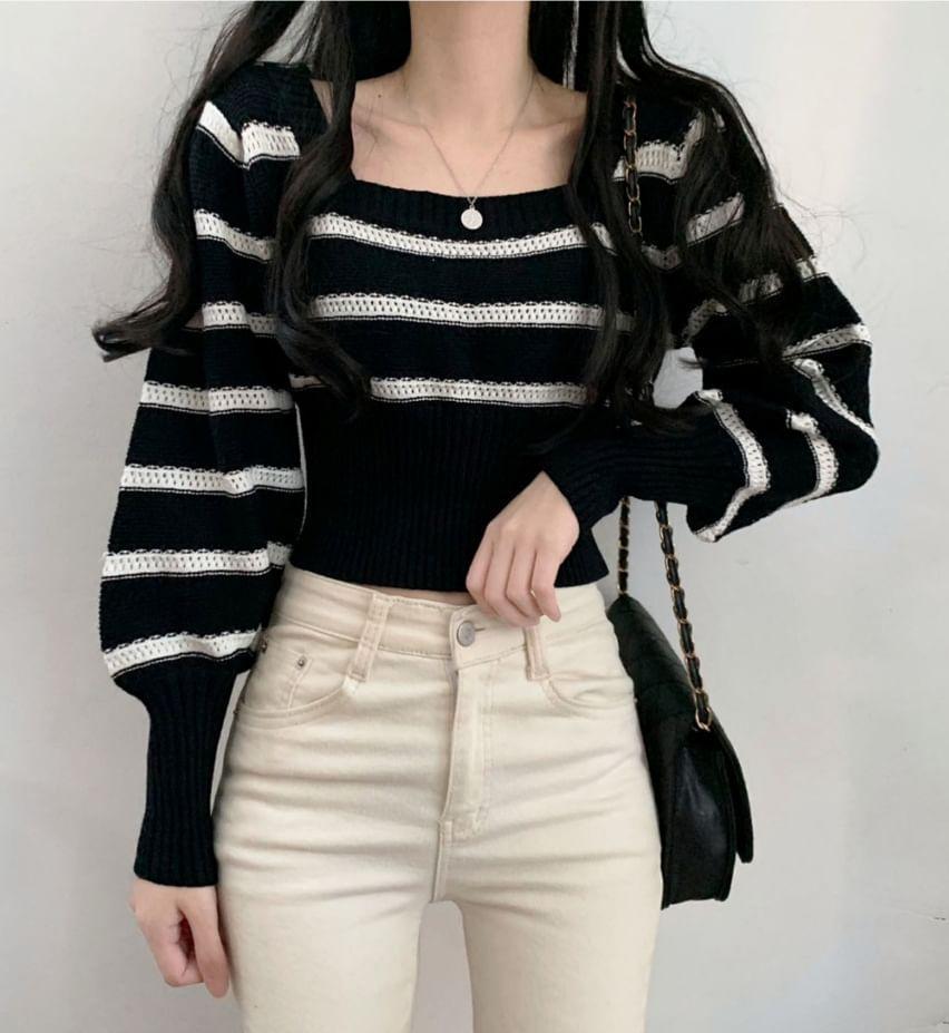 Square Neck Striped Crop Sweater Product Image