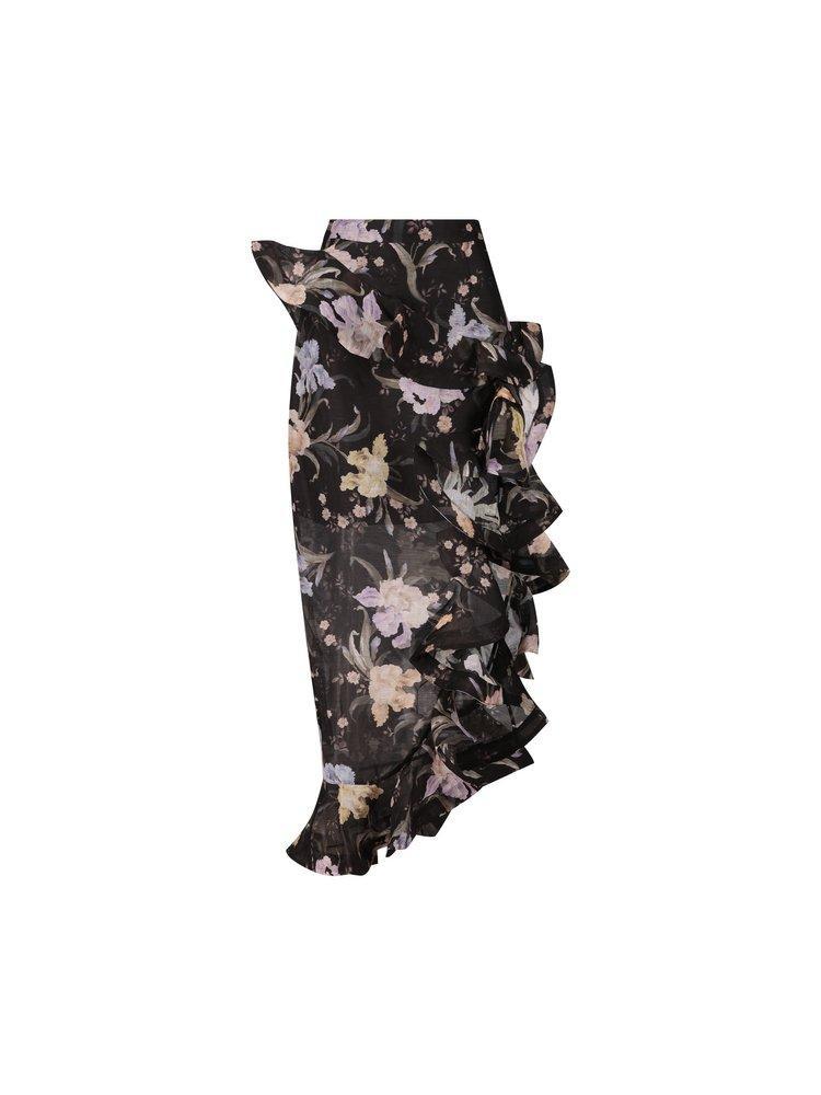 ZIMMERMANN Eden Waterfall Asymmetric Ruffled Floral-print Linen And Silk-blend Midi Skirt In Multi Product Image