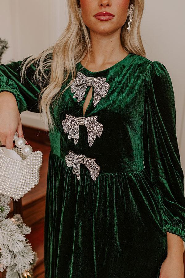 Bows And Kisses Velvet Mini Dress in Hunter Green Product Image