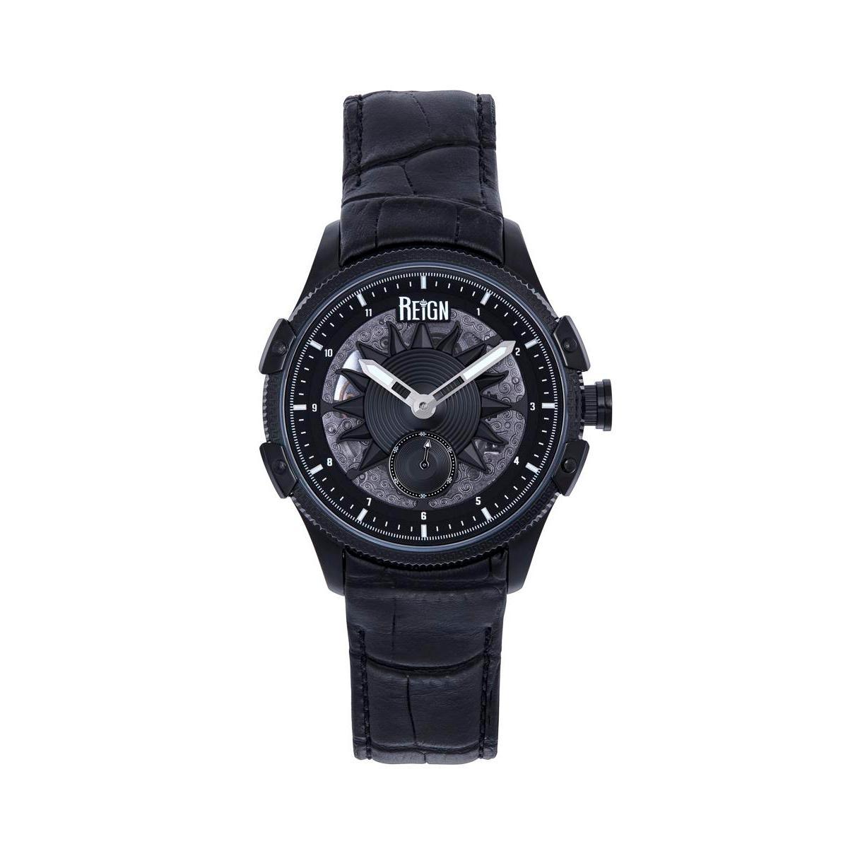 Reign Men Solstice Automatic Semi-Skeleton Leather Strap Watch - Black - Black Product Image