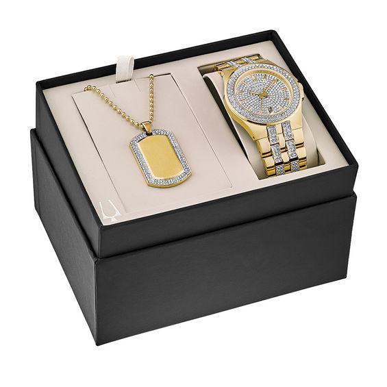 Men's Exclusive Bulova Crystal Accent Gold-Tone PVD Watch and Dog Tag Pendant Box Set (Model: 98K102) Product Image