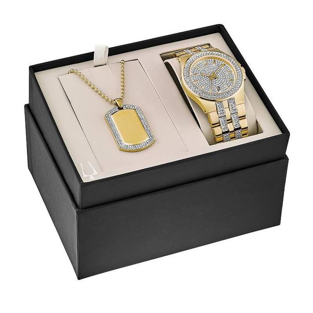 Bulova Mens Gold Tone Stainless Steel Crystal Accent Bracelet Watch & Crystal Accent Dog Tag Necklace Box Set Product Image