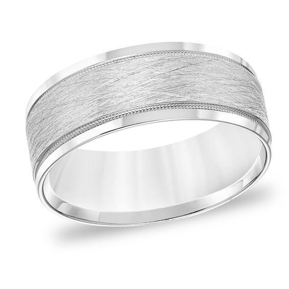 Men's 8.0mm Comfort-Fit Brushed Center Milgrain Wedding Band in 14K White Gold Product Image