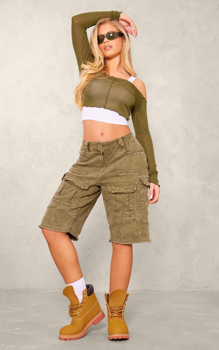 Khaki Burnout Mesh Rib Overlay Crop Top Product Image