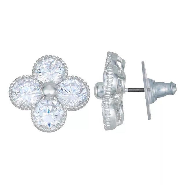 Napier Silver Tone Cubic Zirconia Four-Petal Flower Stud Earrings, Womens, Clear Product Image