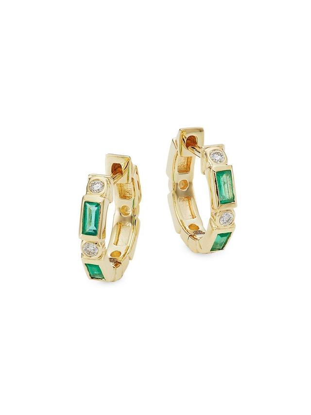 Womens 14K Yellow Gold, Diamond, & Emerald Huggie Hoop Earrings Product Image