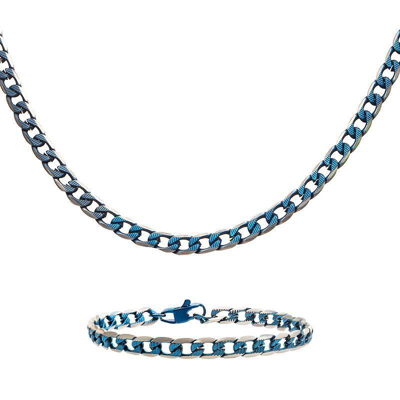 Mens 6 mm Blue Plated Stainless Steel Curb Chain Necklace & Bracelet Set Product Image