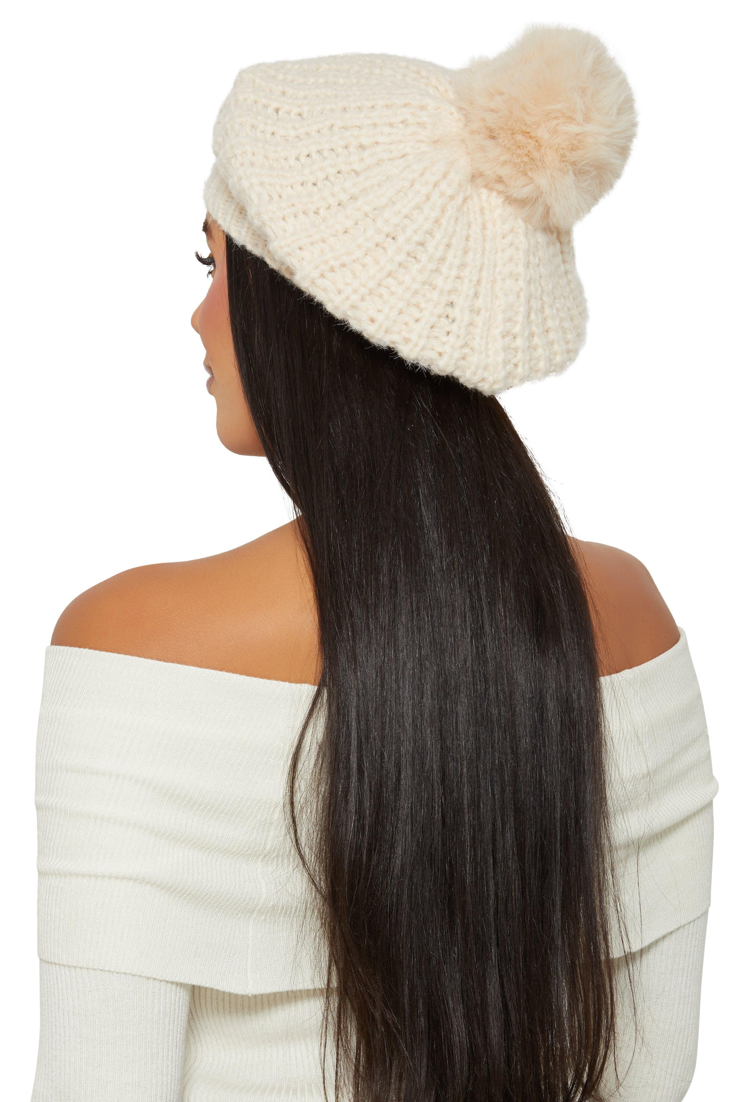 Faux Fur Pom Pom Knit Beret Female Product Image