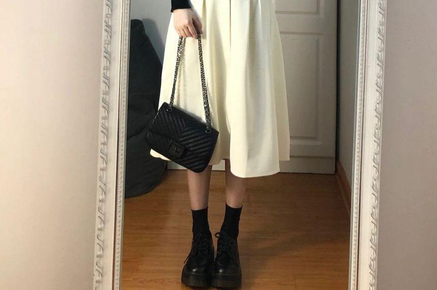 V-Neck Plain Cardigan / High Waist Midi A-Line Skirt Product Image