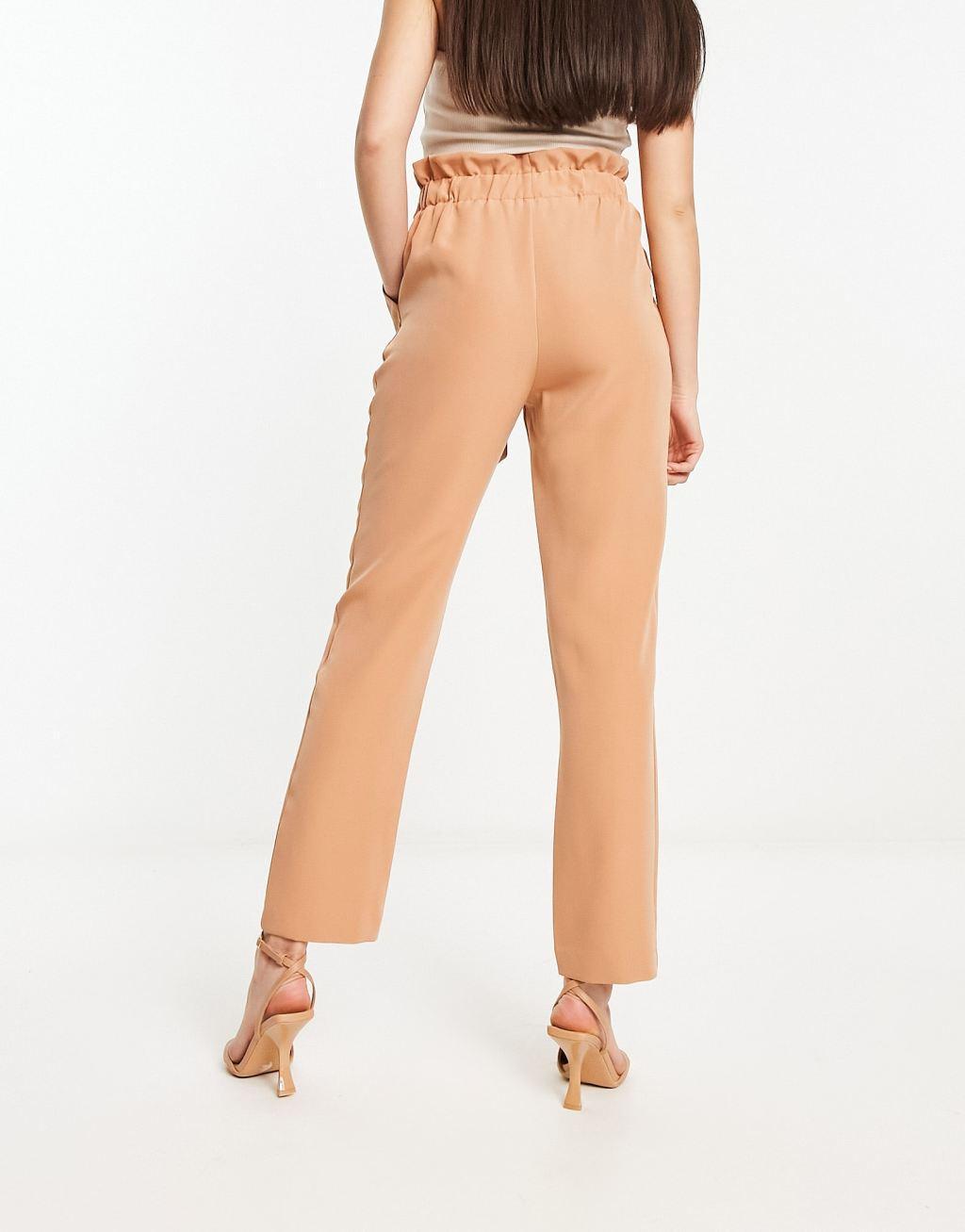 New Look paperbag tie waist straight leg pants in camel Product Image