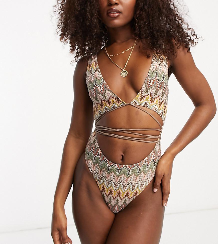 South Beach Exclusive cut out wrap around embroidered swimsuit in multi print  Product Image