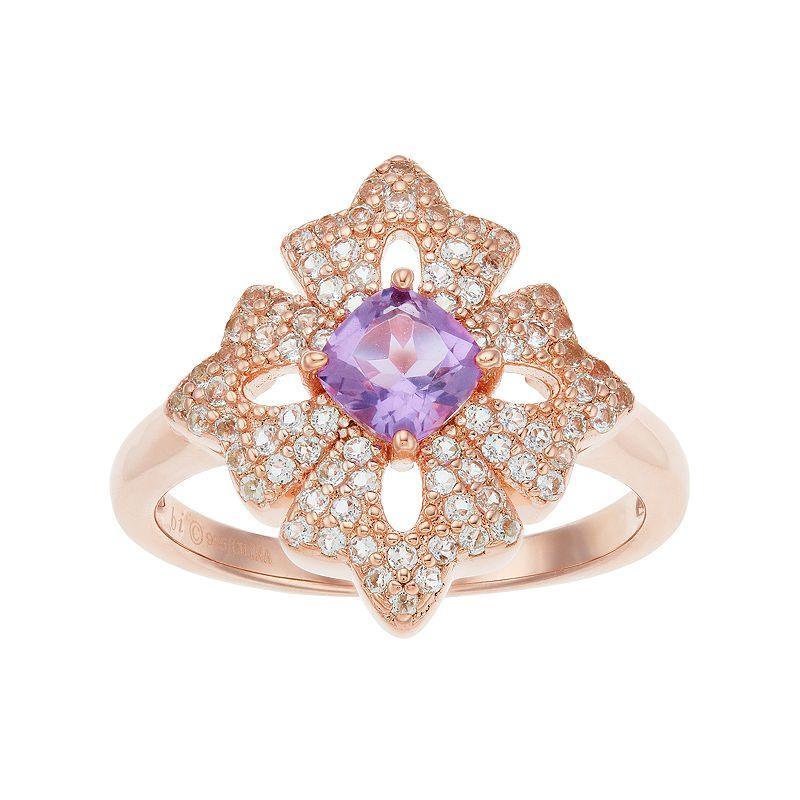 Gemminded 14k Rose Gold Over Silver Amethyst & White Topaz Flower Ring, Womens Purple Product Image