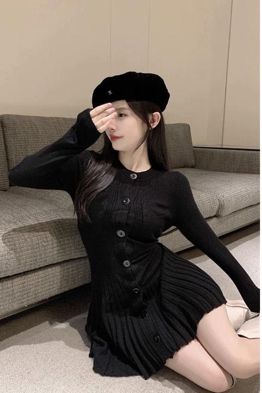 Long-Sleeve Crew Neck Plain Pleated Button-Up Mini A-Line Knit Dress Product Image