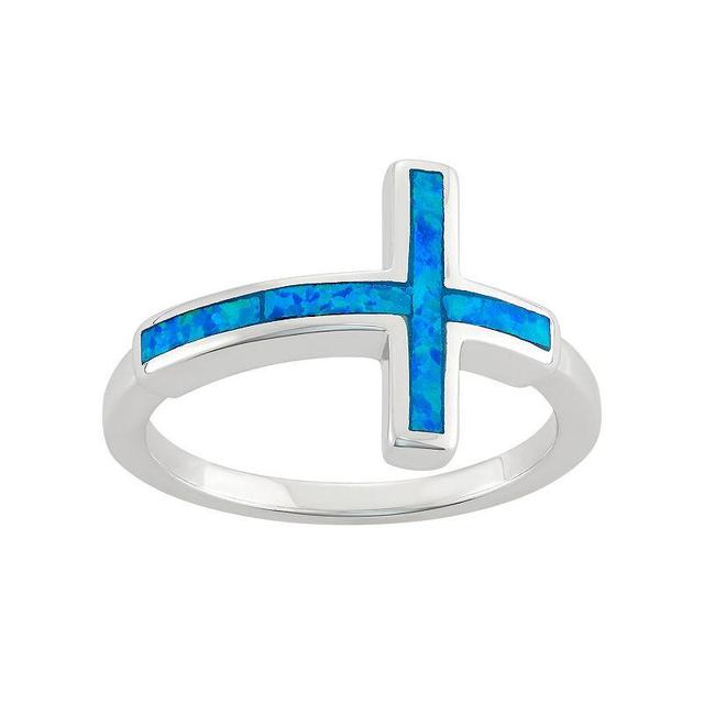 Lab-Created Blue Opal Sterling Silver Sideways Cross Ring, Womens Product Image