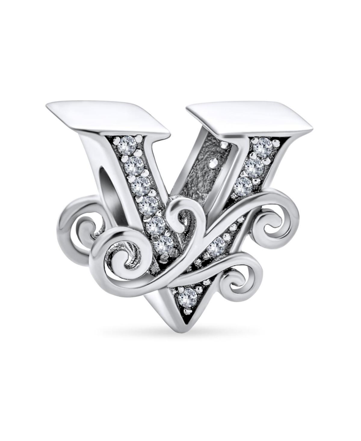 Bling Jewelry Fancy Scroll Cz Sparkle Block Letter A-z Alphabet Initial Charm Bead For Women Shiny .925 Sterling Silver For European Bracelet - Silver Product Image