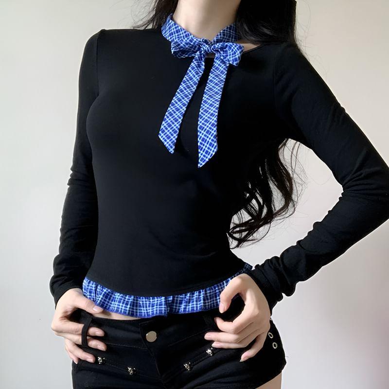 Long Sleeve Round Neck Plaid Ruffle Hem Top Product Image