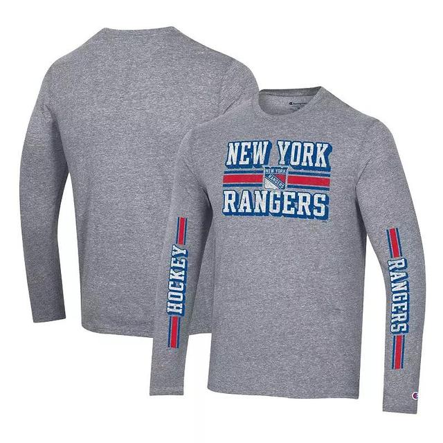 Mens Champion Heather Gray Distressed New York Rangers Tri-Blend Dual-Stripe Long Sleeve T-shirt Product Image