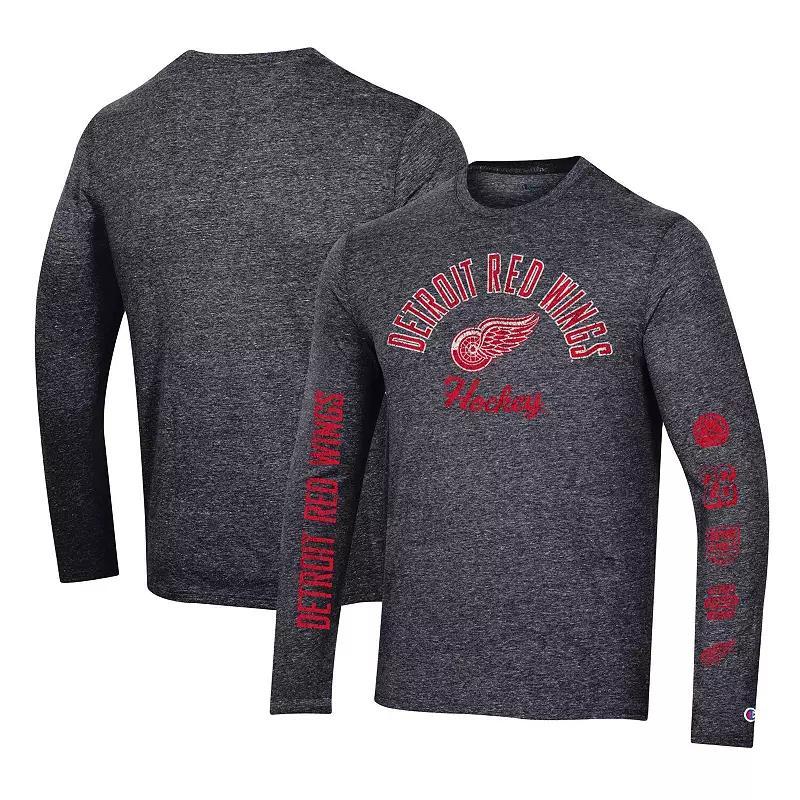 Mens Champion Heather Black Detroit Red Wings Multi-Logo Tri-Blend Long Sleeve T-Shirt Product Image