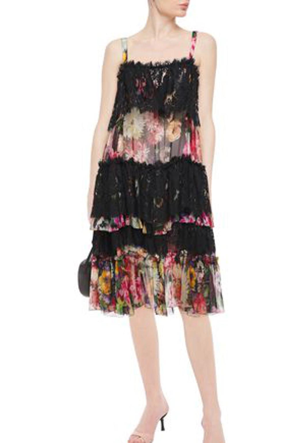 Tiered Floral-print Silk-blend Voile And Lace Dress In Black Product Image