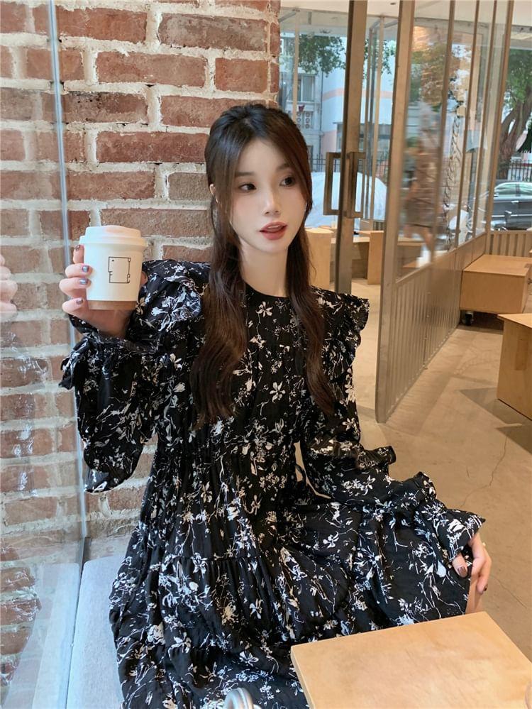 Long-Sleeve Round Neck Floral Ruffle Trim A-Line Dress Product Image