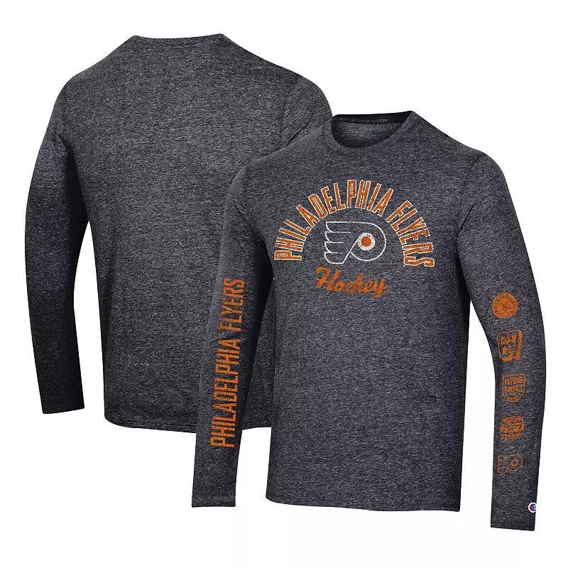 Mens Champion Heather Black Philadelphia Flyers Multi-Logo Tri-Blend Long Sleeve T-Shirt Product Image