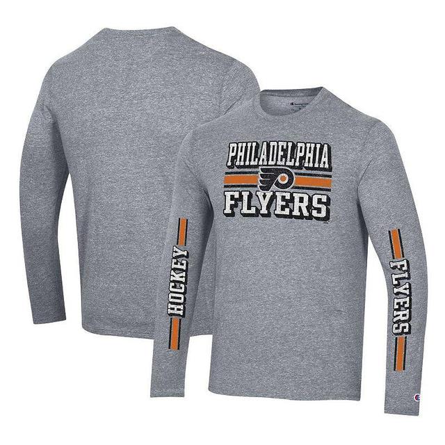 Mens Champion Heather Gray Philadelphia Flyers Tri-Blend Dual-Stripe Long Sleeve T-Shirt Product Image