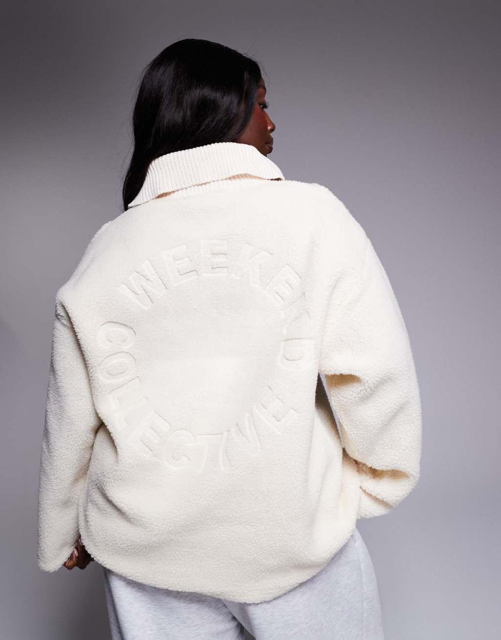 Weekend Collective Curve rib neck zip through fleece with embossed back in cream Product Image